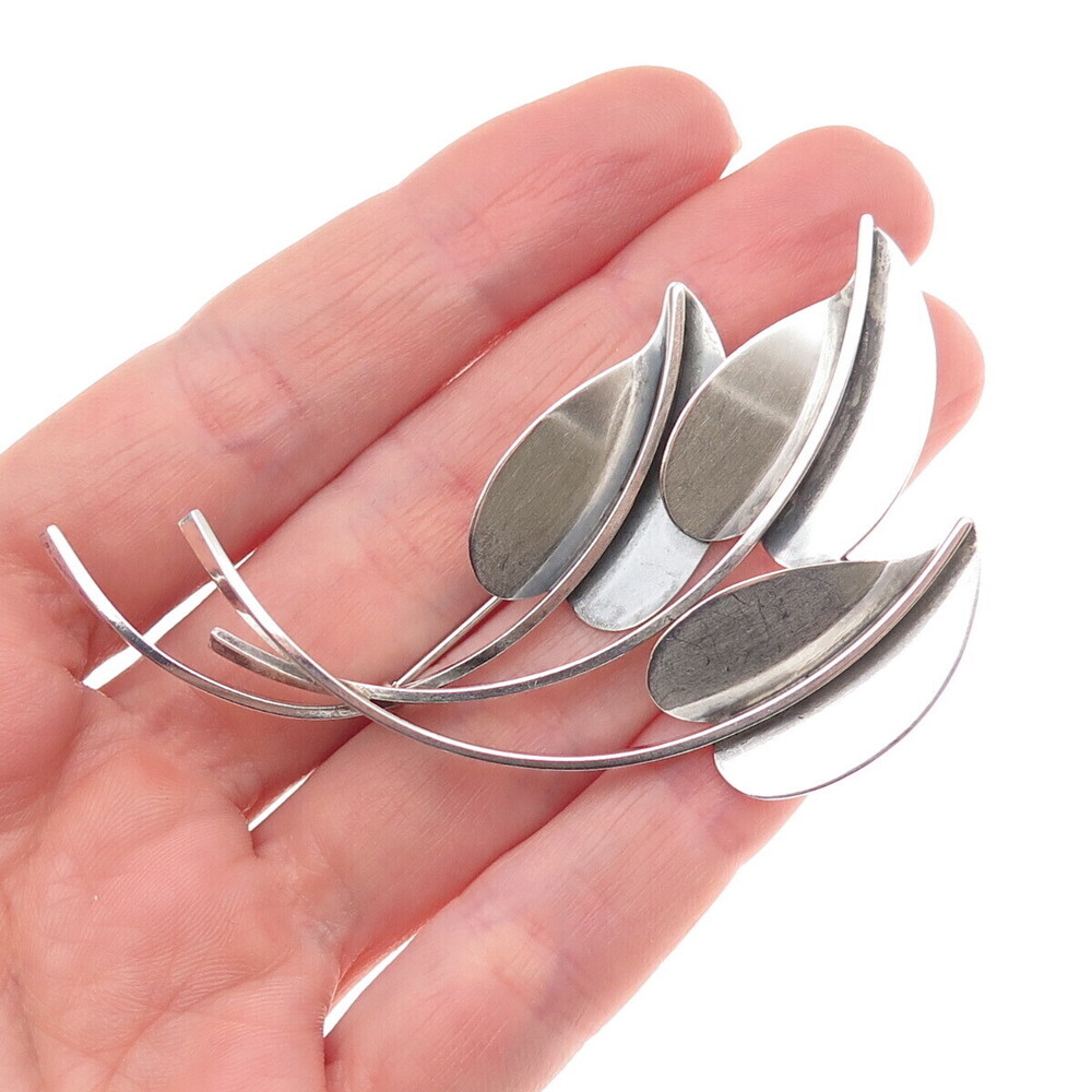 Beau 925 Sterling Silver Vintage Modernist Floral Leaf Oxidized Pin Brooch